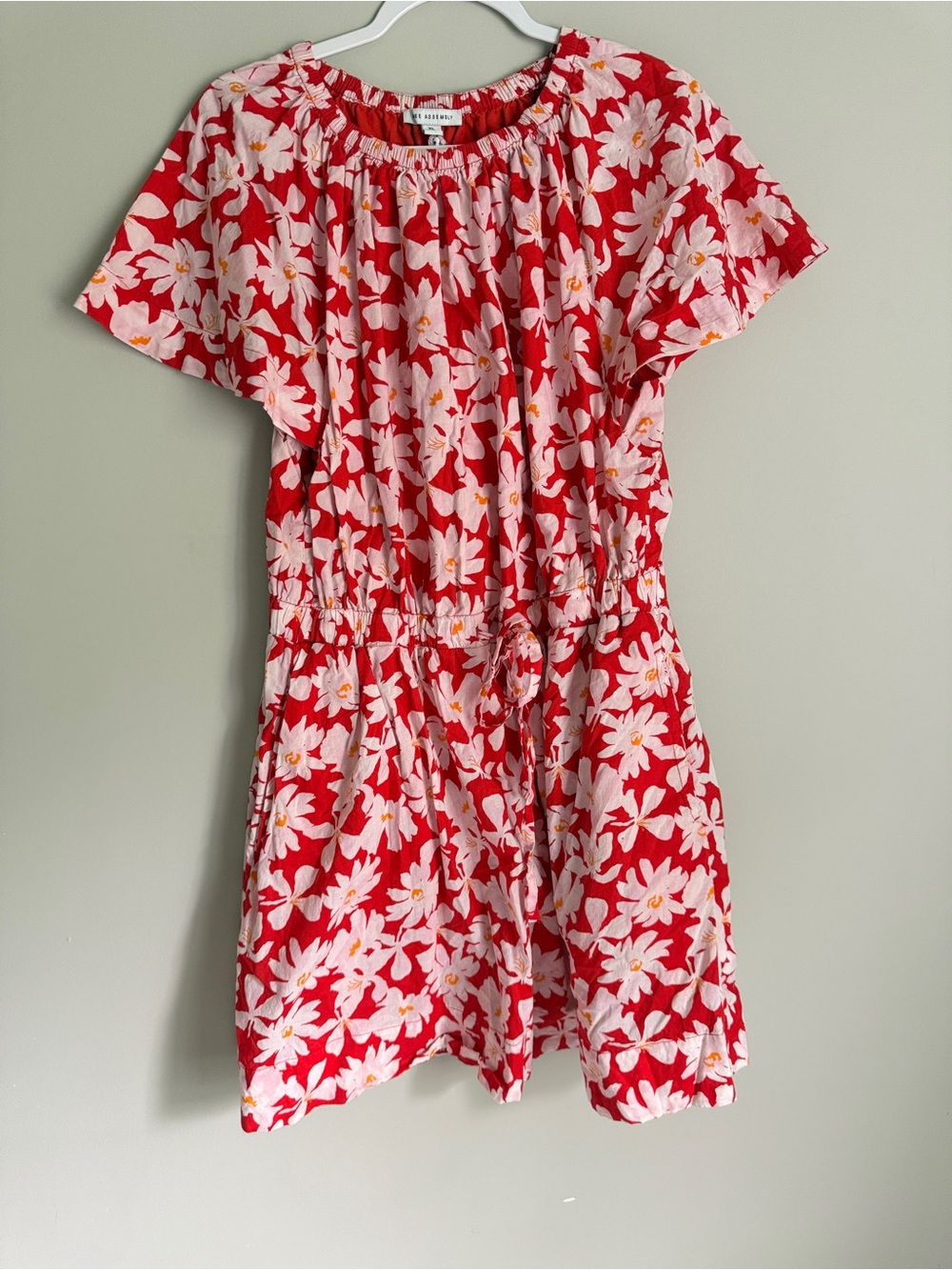 Red & Pink floral Tie-Waist Dress prariecore, office, colorful XL